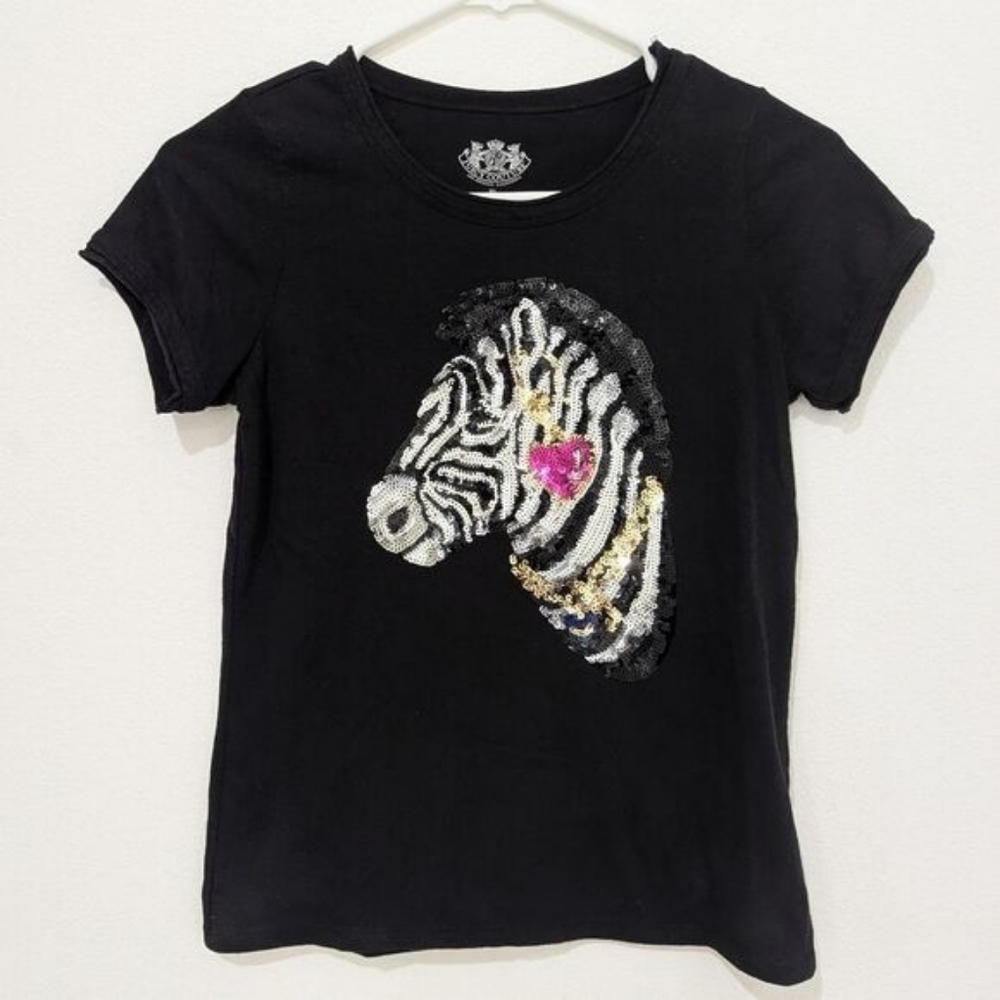 Juicy Couture Girl's Black T-shirt Sequin Sparkle Zebra Pink Heart XL 12/14